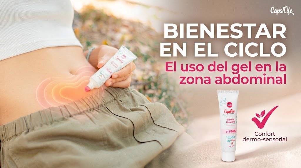 Capsifem Gel aplicado en la zona abdominal para el bienestar dermo-sensorial femenino.