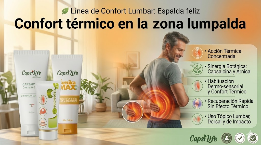 Hombre experimentando confort térmico en la zona lumbar con la línea de bienestar corporal CapsiLife y ArnikaMax.